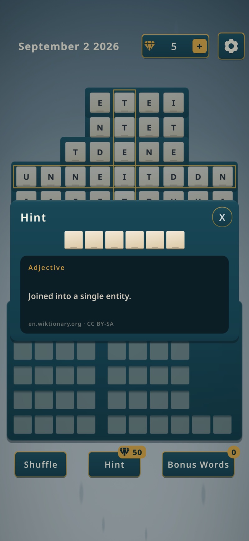 Daily puzzle with a word hint in LexiCraft